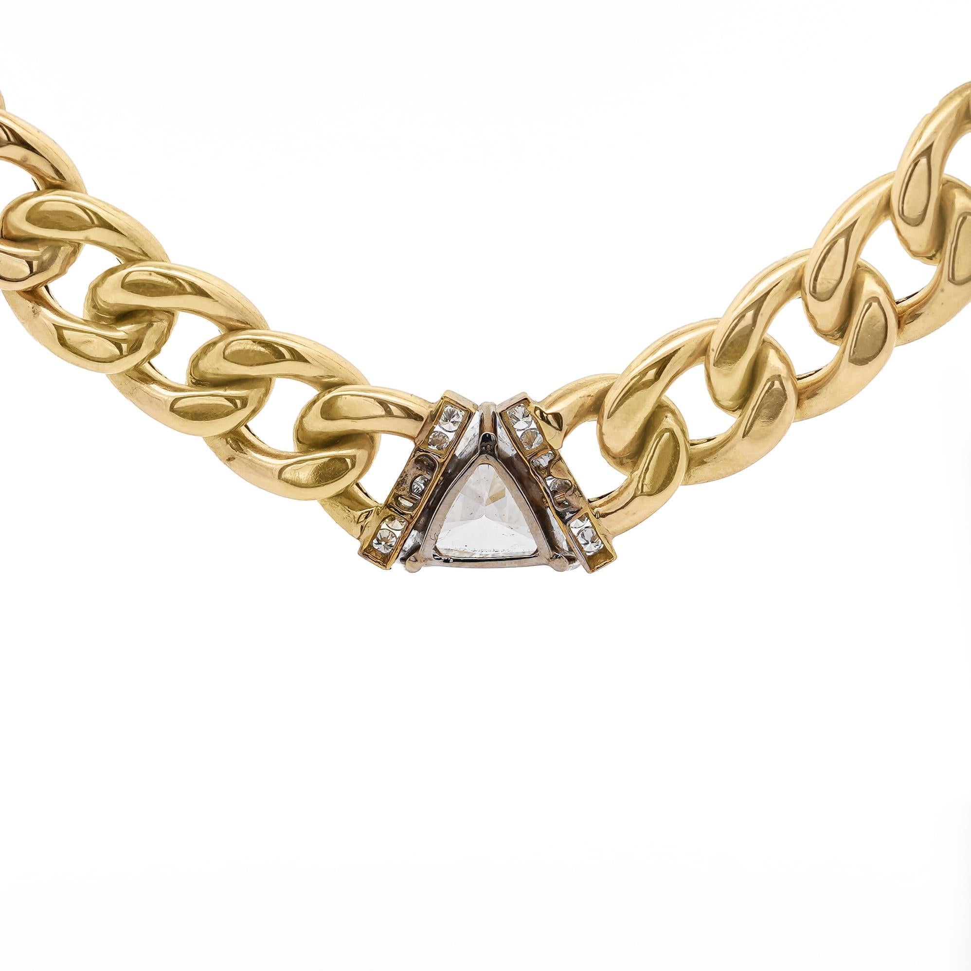 Collana a girocollo con catena cubana in oro 14K con diamante Trillion da 3,1 carati in vendita 3