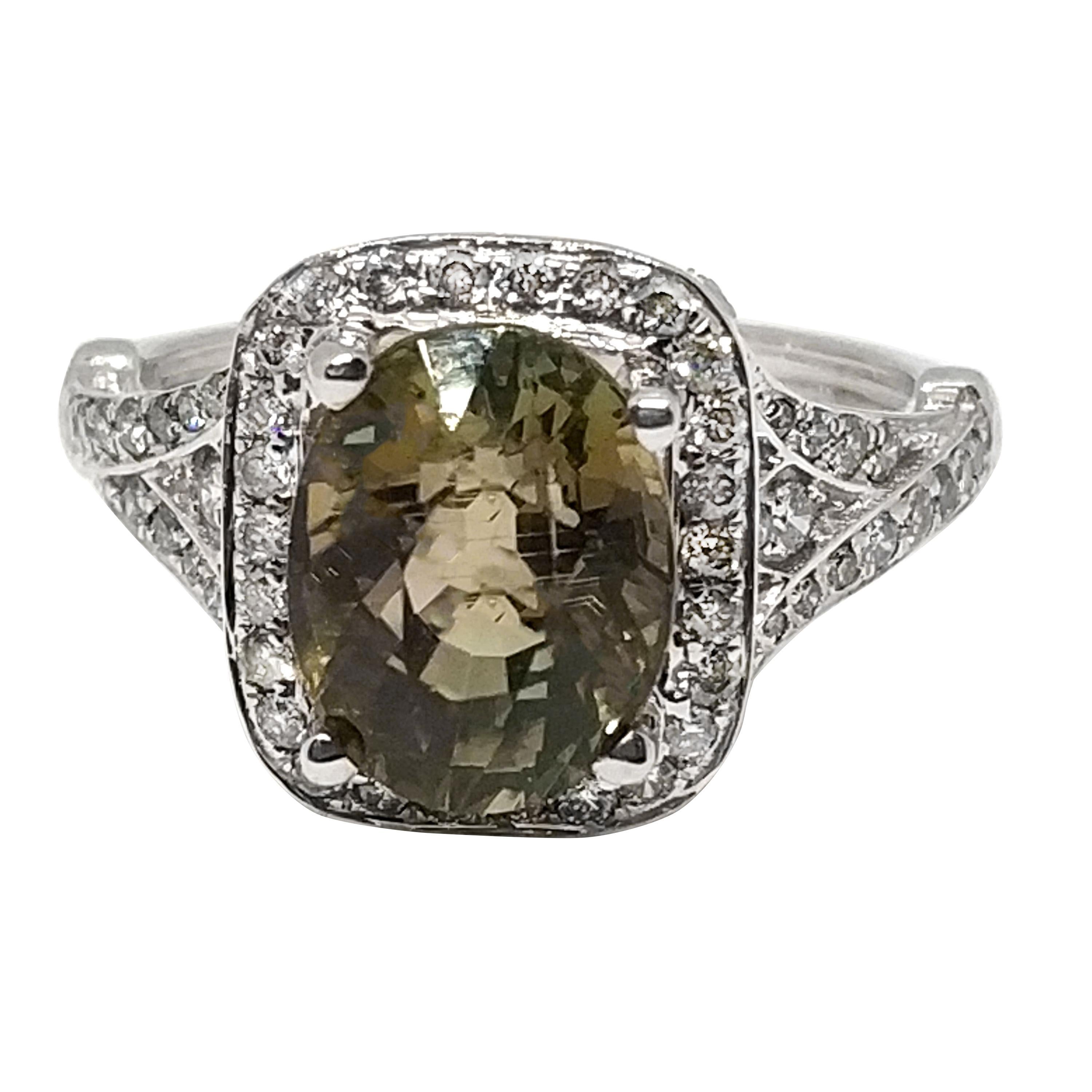 3.1 Carat Green Tourmaline and 1.5 Carat Diamond Ring For Sale