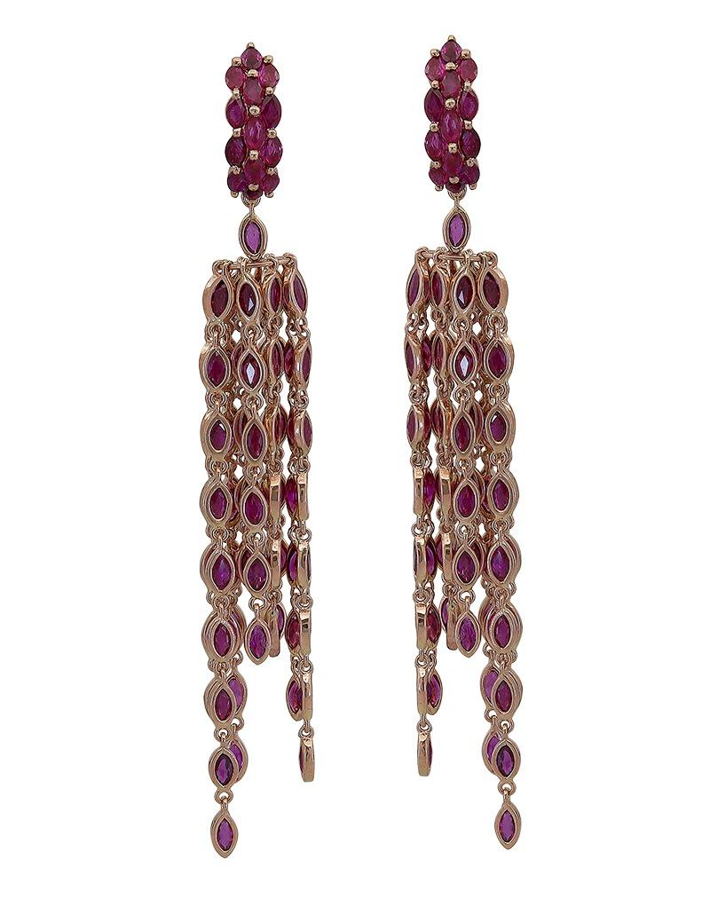 31 Carat Marquise Cut Ruby Fringe Chandelier Earrings in 18k Yellow Gold In New Condition In New York, NY