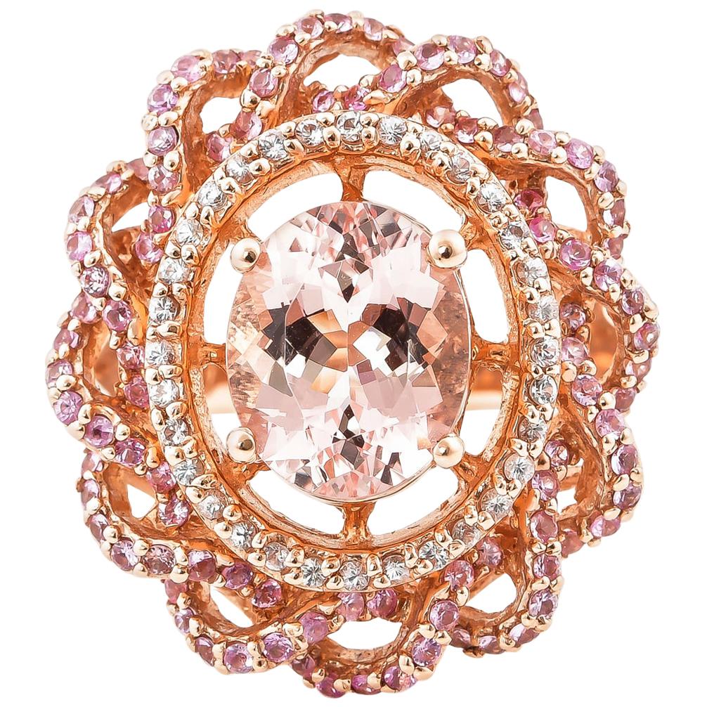 3.1 Carat Morganite and Diamond Ring in 18 Karat Rose Gold For Sale