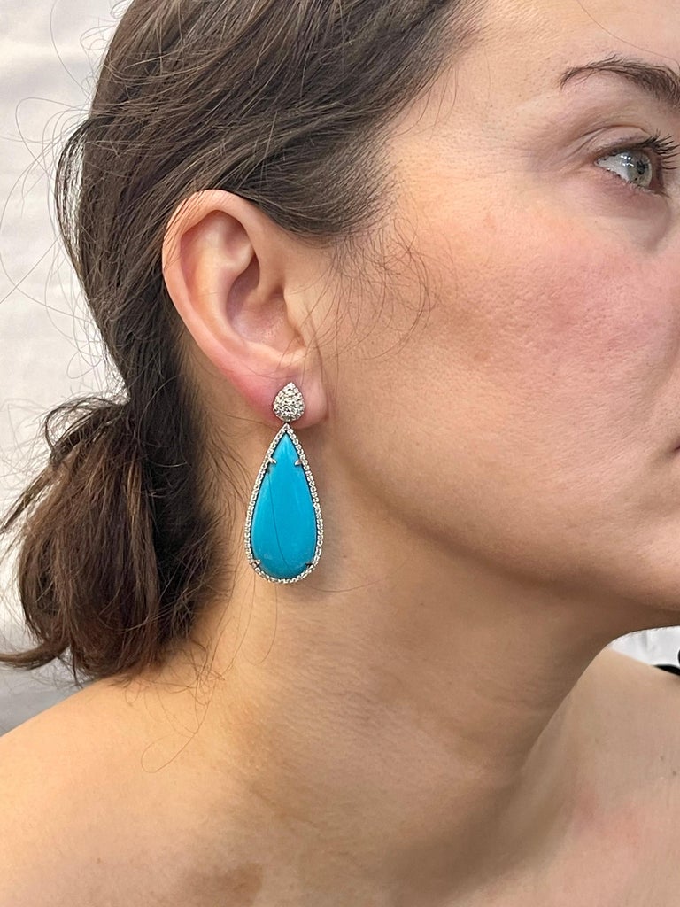 31 Carat Natural Sleeping Beauty Turquoise/Diamond Cocktail Hanging/Drop Earring For Sale 3