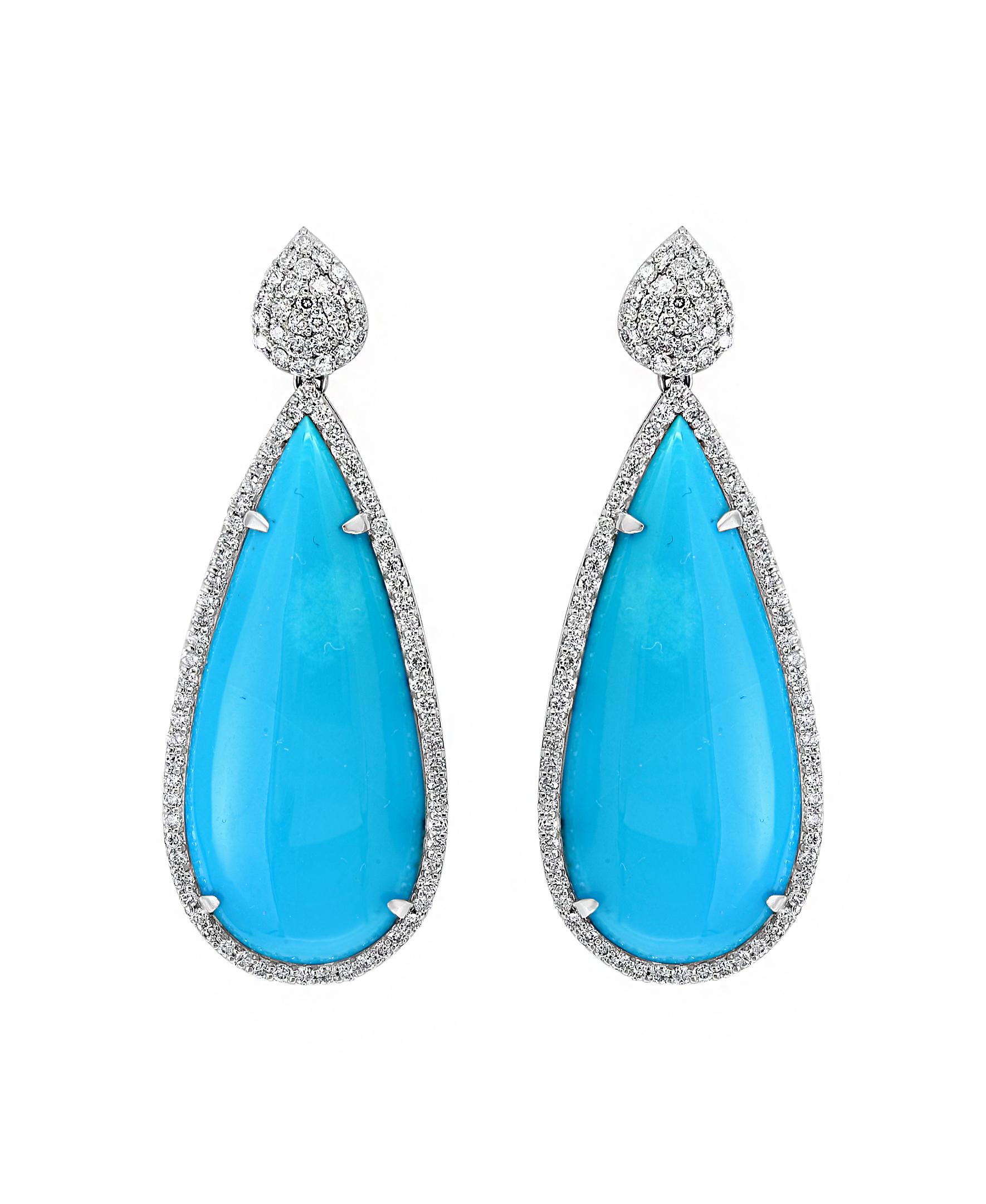 31 Carat Natural Sleeping Beauty Turquoise/Diamond Cocktail Hanging/Drop Earring