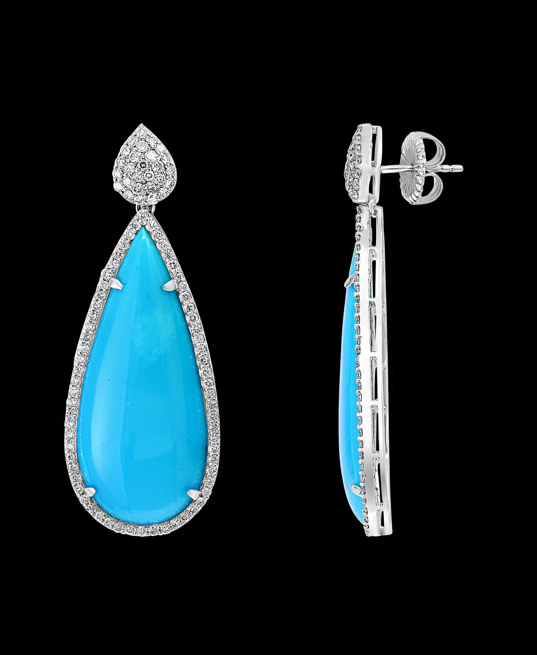 31 Carat Natural Sleeping Beauty Turquoise/Diamond Cocktail Hanging/Drop Earring In Excellent Condition In New York, NY