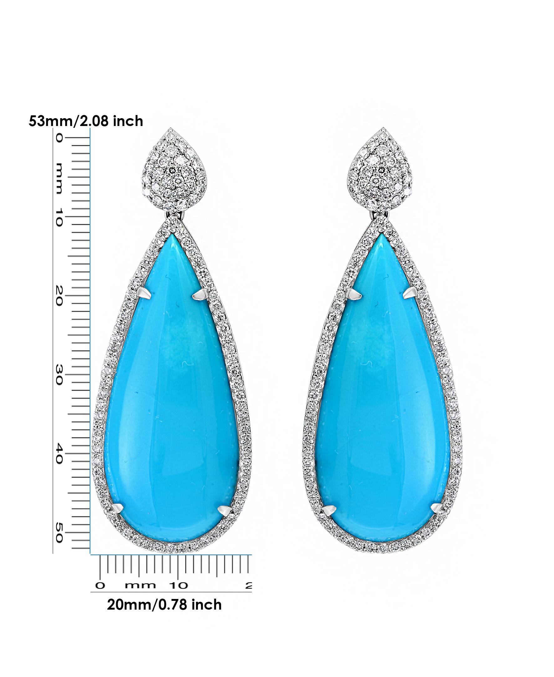 Pear Cut 31 Carat Natural Sleeping Beauty Turquoise/Diamond Cocktail Hanging/Drop Earring