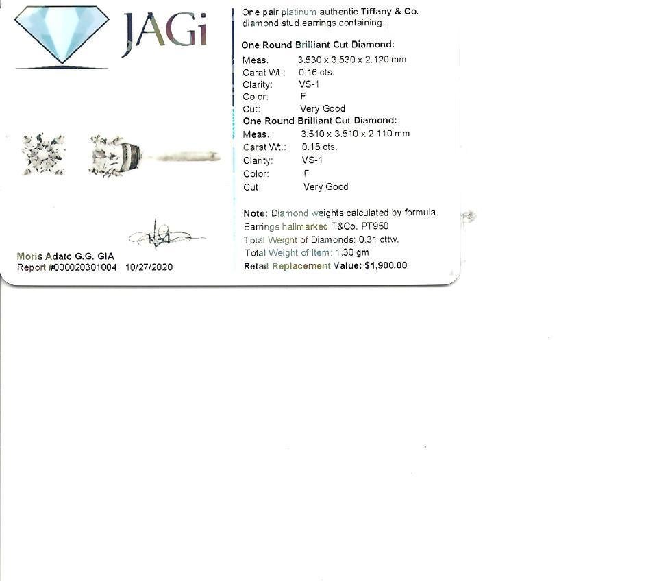 .31 Carat Tiffany & Co. Round Brilliant Solitaire Diamond Platinum Stud Earrings 5