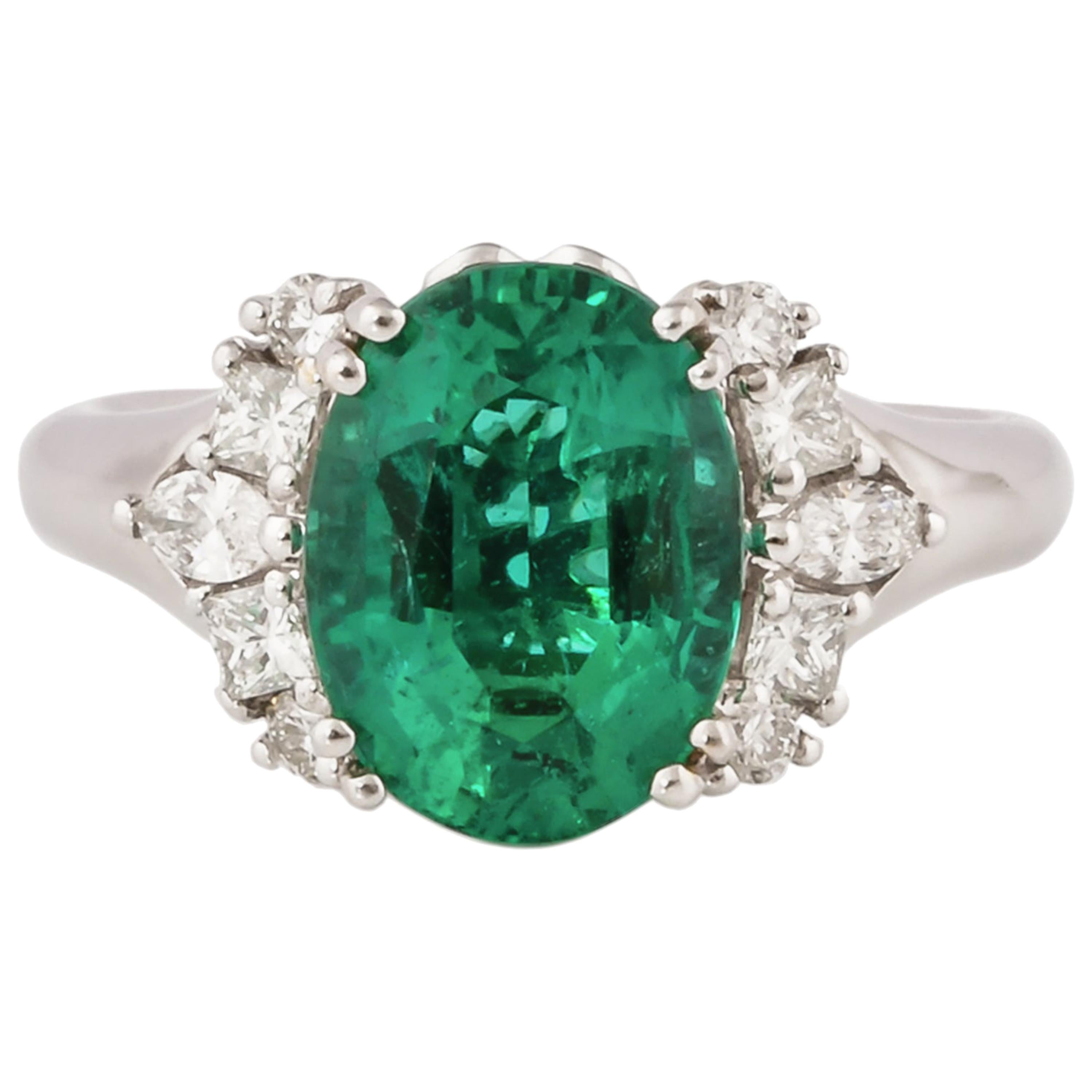 GRS Certified 3.1 Carat Zambian Emerald and Diamond Ring in 18 Karat White Gold