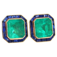 31 Ct Emerald Sapphire Earrings Yellow Gold Certified, 1975