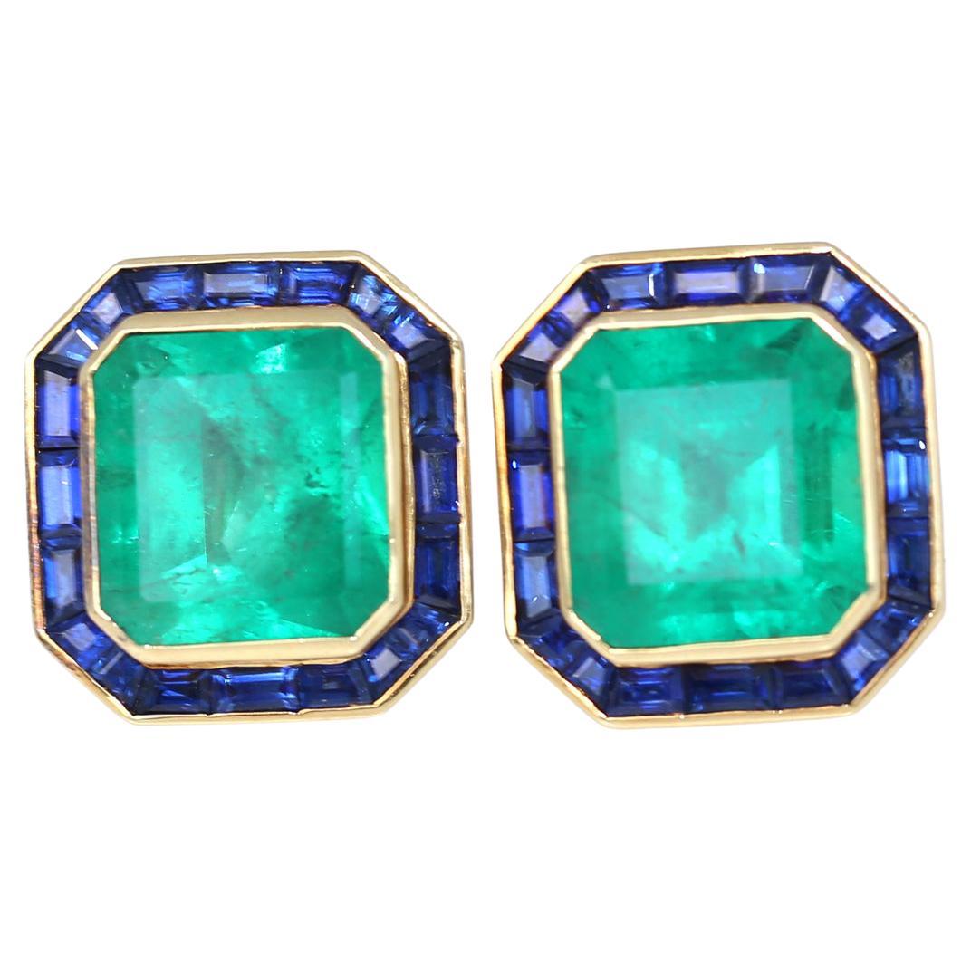 Square Cut 31 Ct Emerald Sapphire Earrings Yellow Gold Certified, 1975 For Sale