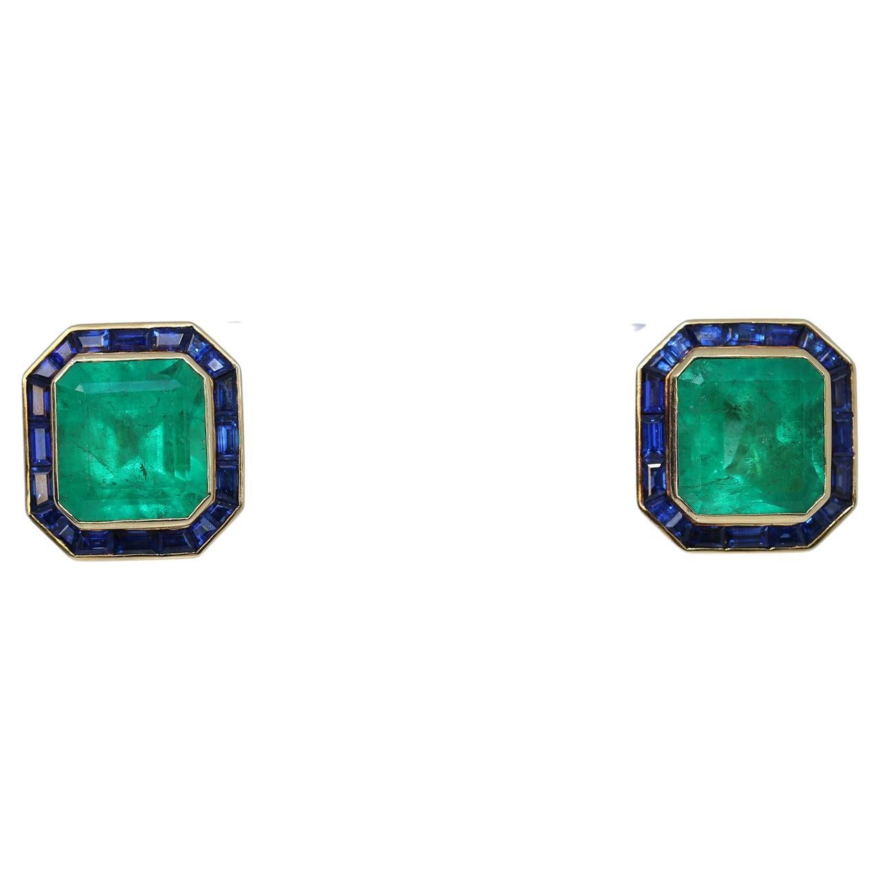 Women's 31 Ct Emerald Sapphire Earrings Yellow Gold Certified, 1975 For Sale