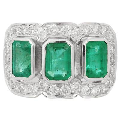 3.1 CTW Emerald Diamond Three Stone Engagement Ring in 18k Solid White Gold