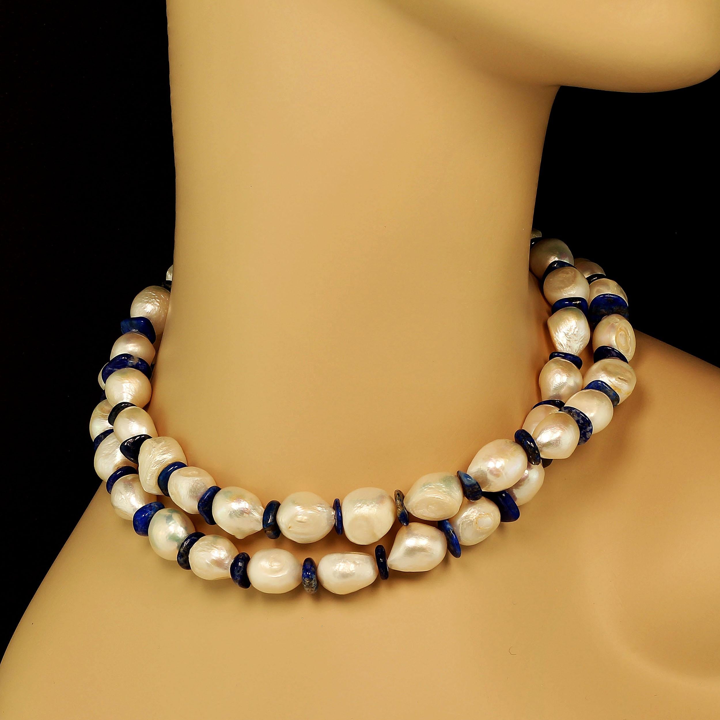 Artisan AJD Freshwater Pearl Necklace with Lapis Lazuli June Birthstone