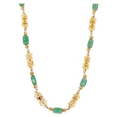 31" Ornate Asian Motif Link Necklace With Jade Peking Glass By Napier, 1960s
