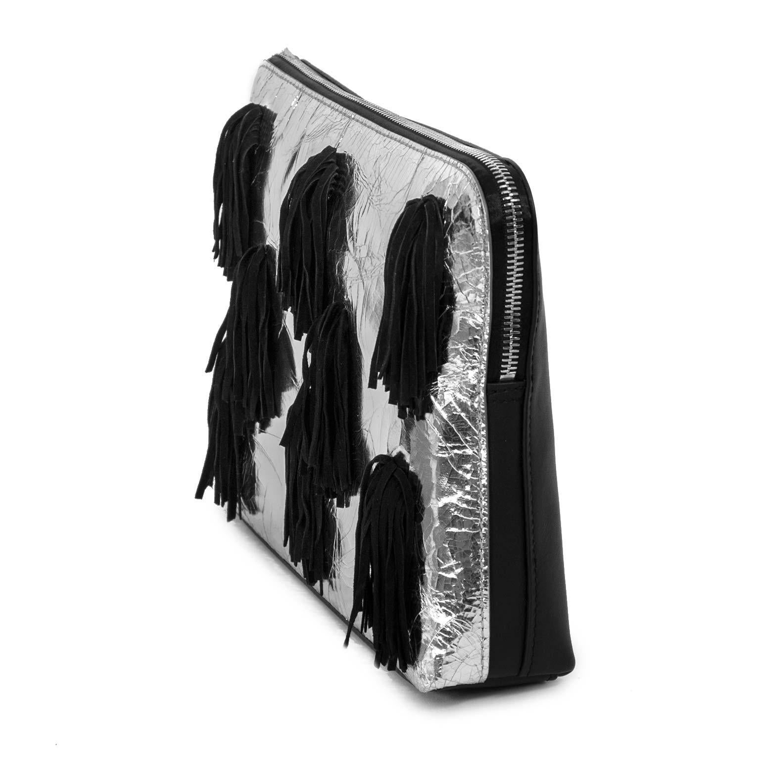 3.1 Phillip Lim 31 Minute Suede-Fringed Metallic Leather Clutch In New Condition For Sale In Antwerp, BE