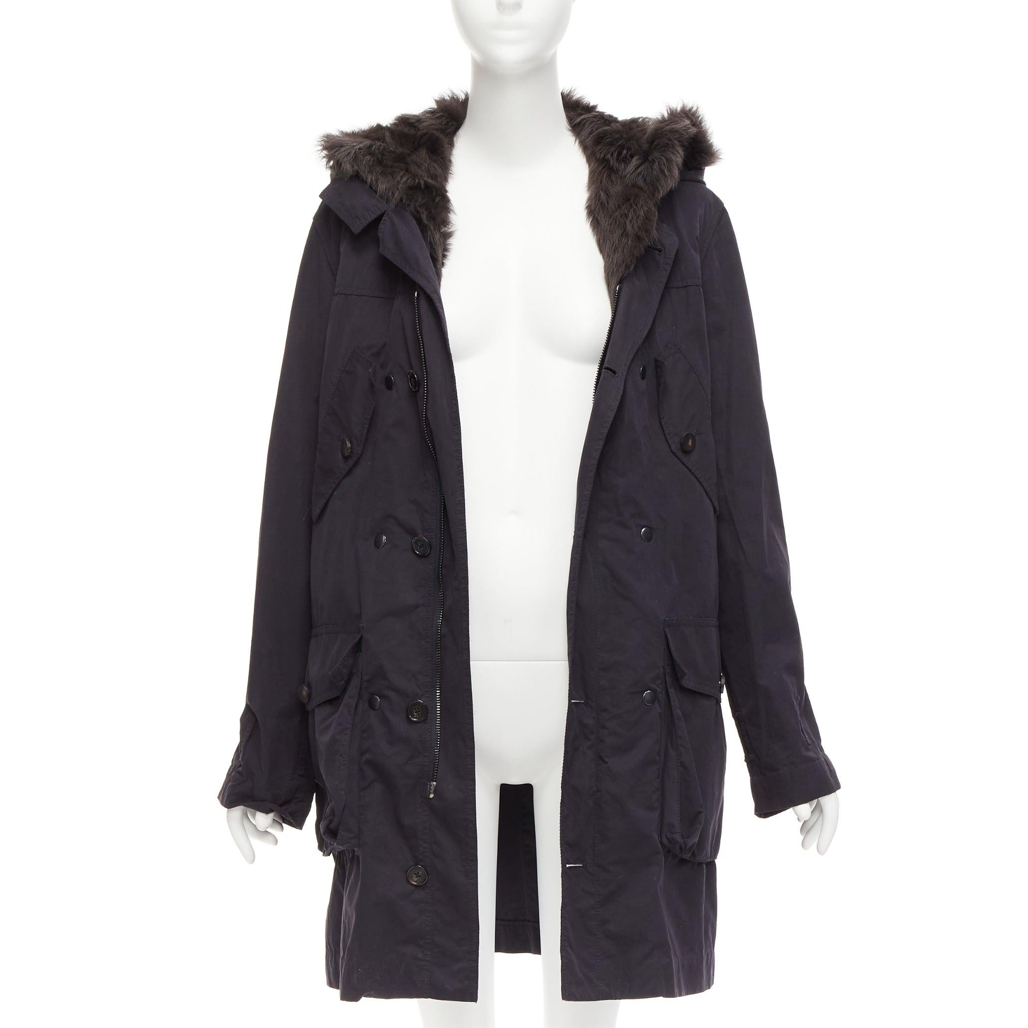 Black 3.1 PHILLIP LIM black cotton brown full sheep fur lined parka coat XS For Sale