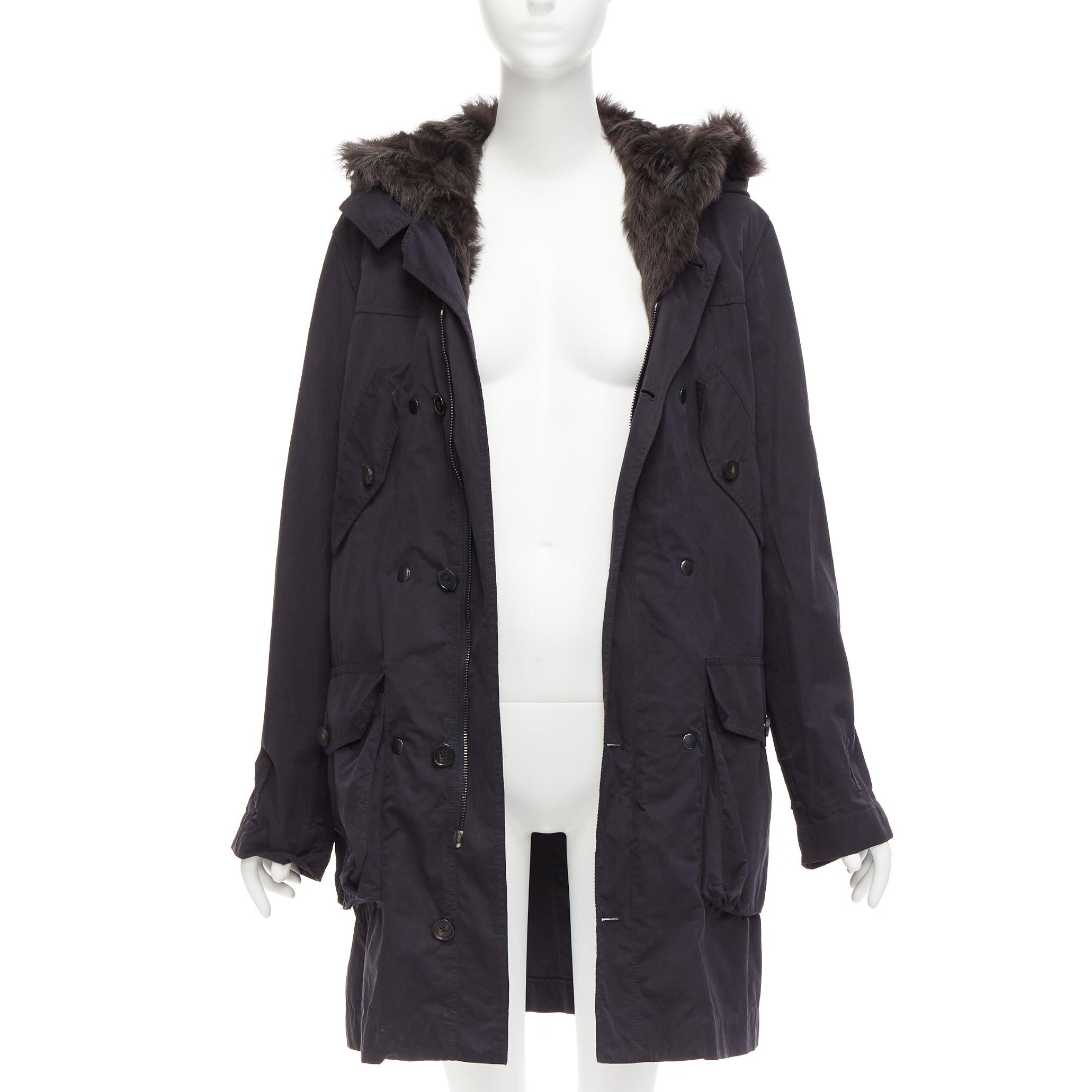3.1 PHILLIP LIM black cotton brown full sheep fur lined parka coat XS In Fair Condition For Sale In Hong Kong, NT