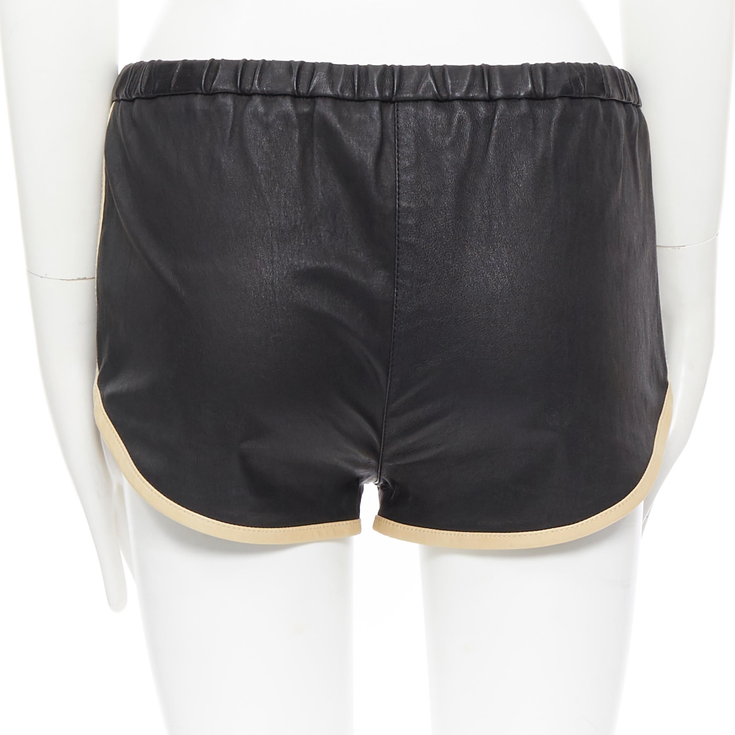 3.1 PHILLIP LIM  black leather beige trimmed curved hem drawstring shorts US0 In Good Condition In Hong Kong, NT