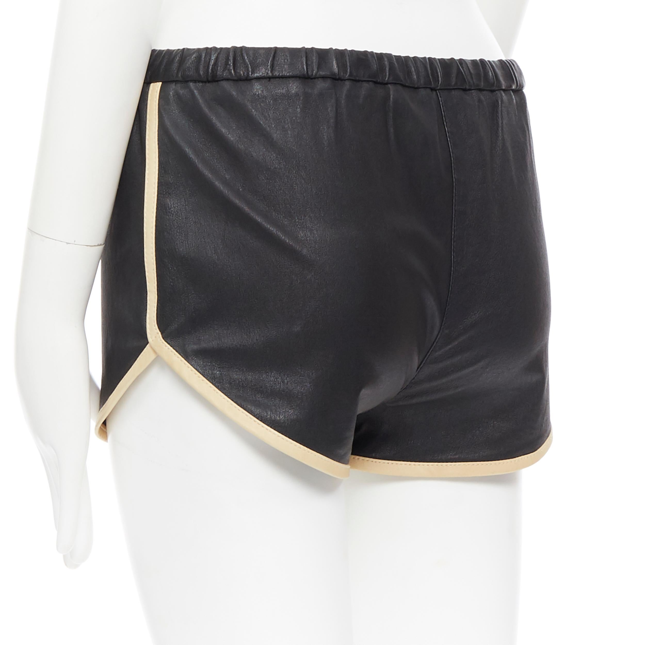 Women's 3.1 PHILLIP LIM  black leather beige trimmed curved hem drawstring shorts US0