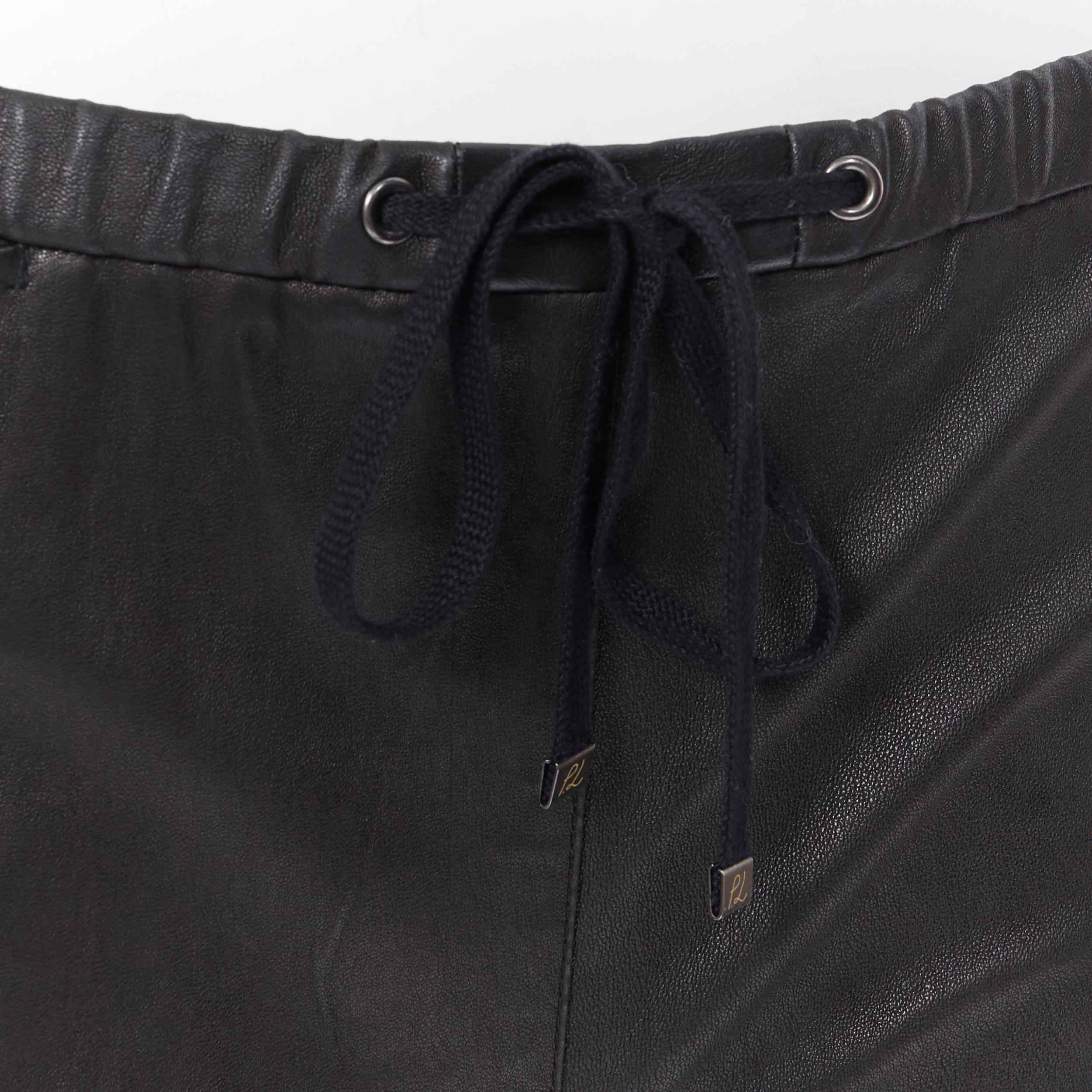 3.1 PHILLIP LIM  black leather beige trimmed curved hem drawstring shorts US0 1