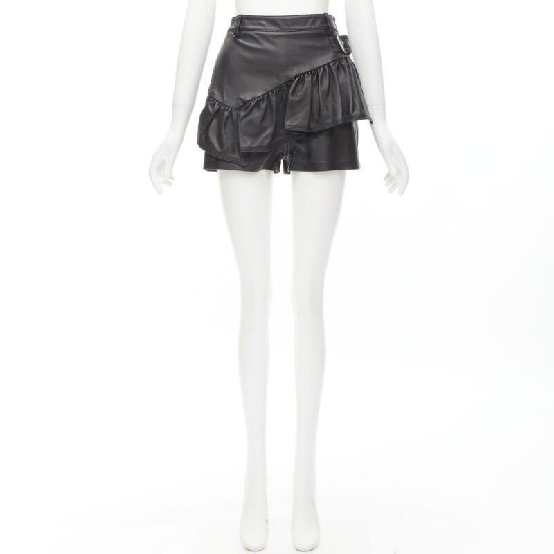 3.1 PHILLIP LIM black leather ruffle biker buckle high rise shorts US0 XS en venta 4