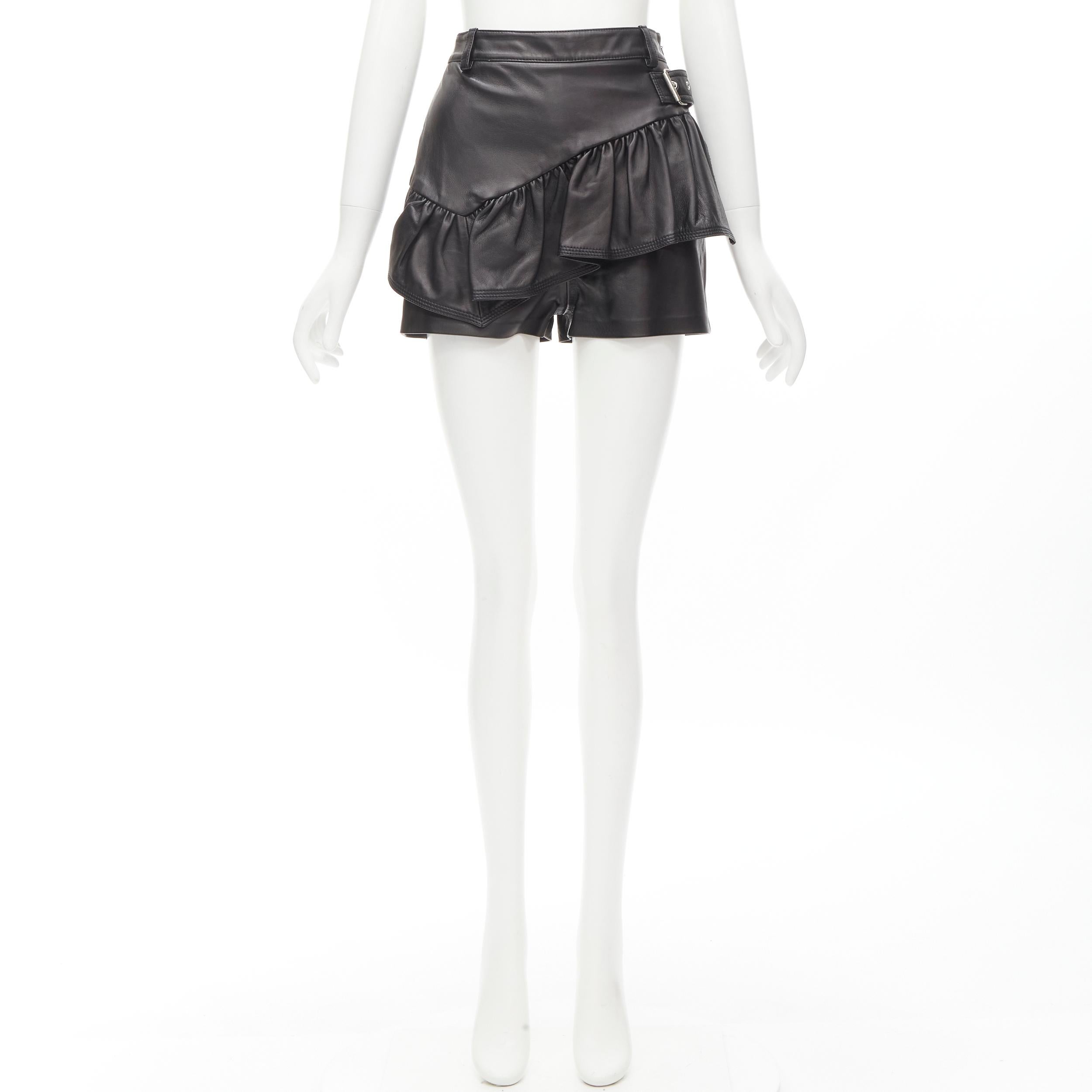 3.1 PHILLIP LIM black leather ruffle biker buckle high rise shorts US0 XS For Sale 3