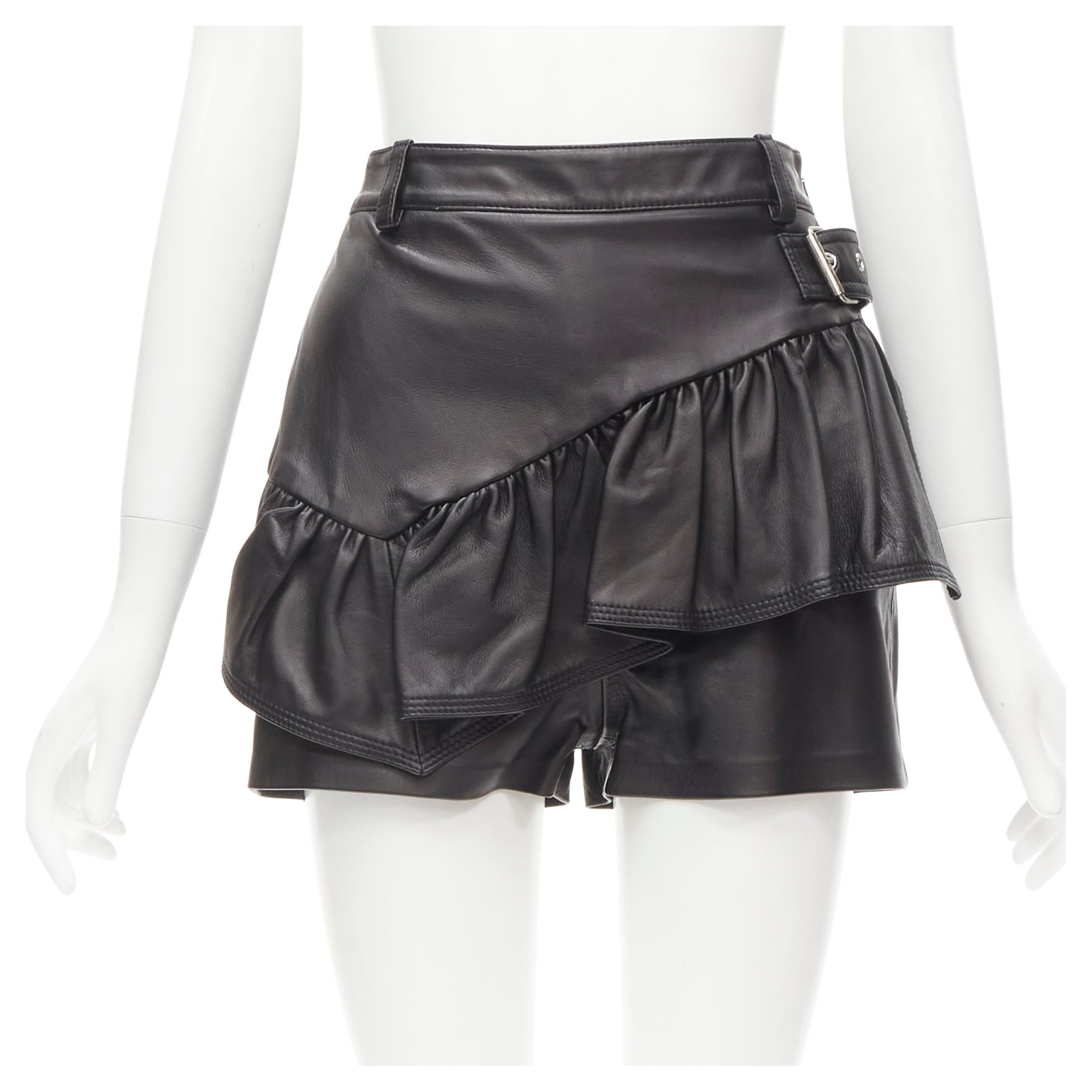 3.1 PHILLIP LIM black leather ruffle biker buckle high rise shorts US0 XS For Sale