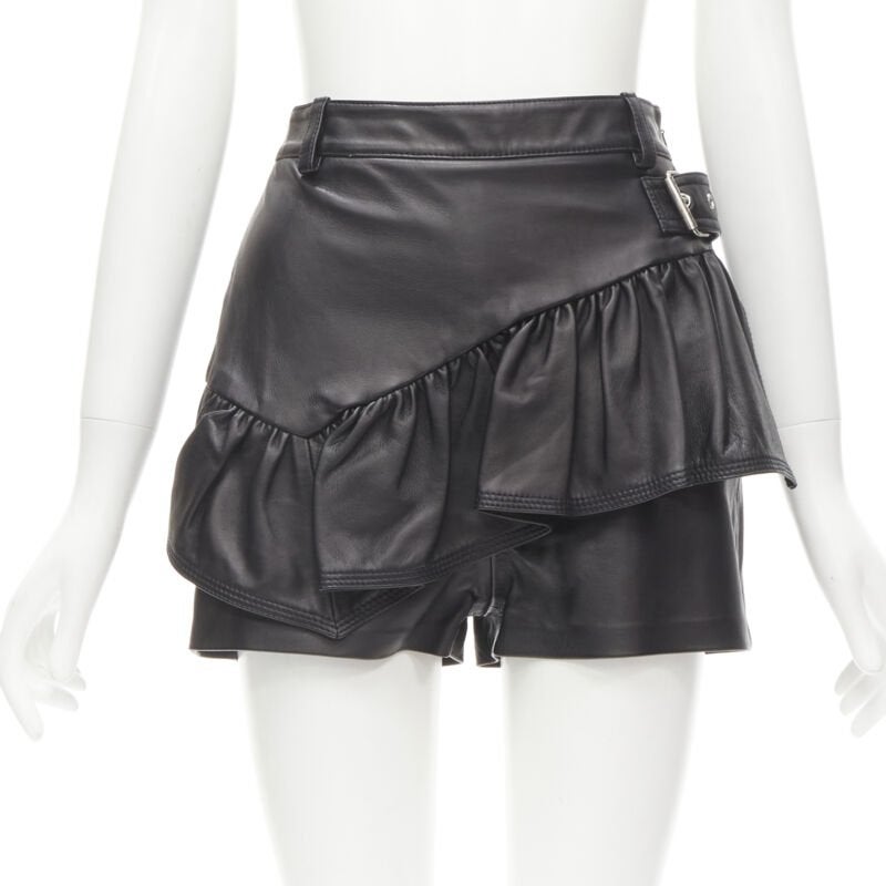 3.1 PHILLIP LIM short taille haute en cuir noir à volants et boucles US0 XS