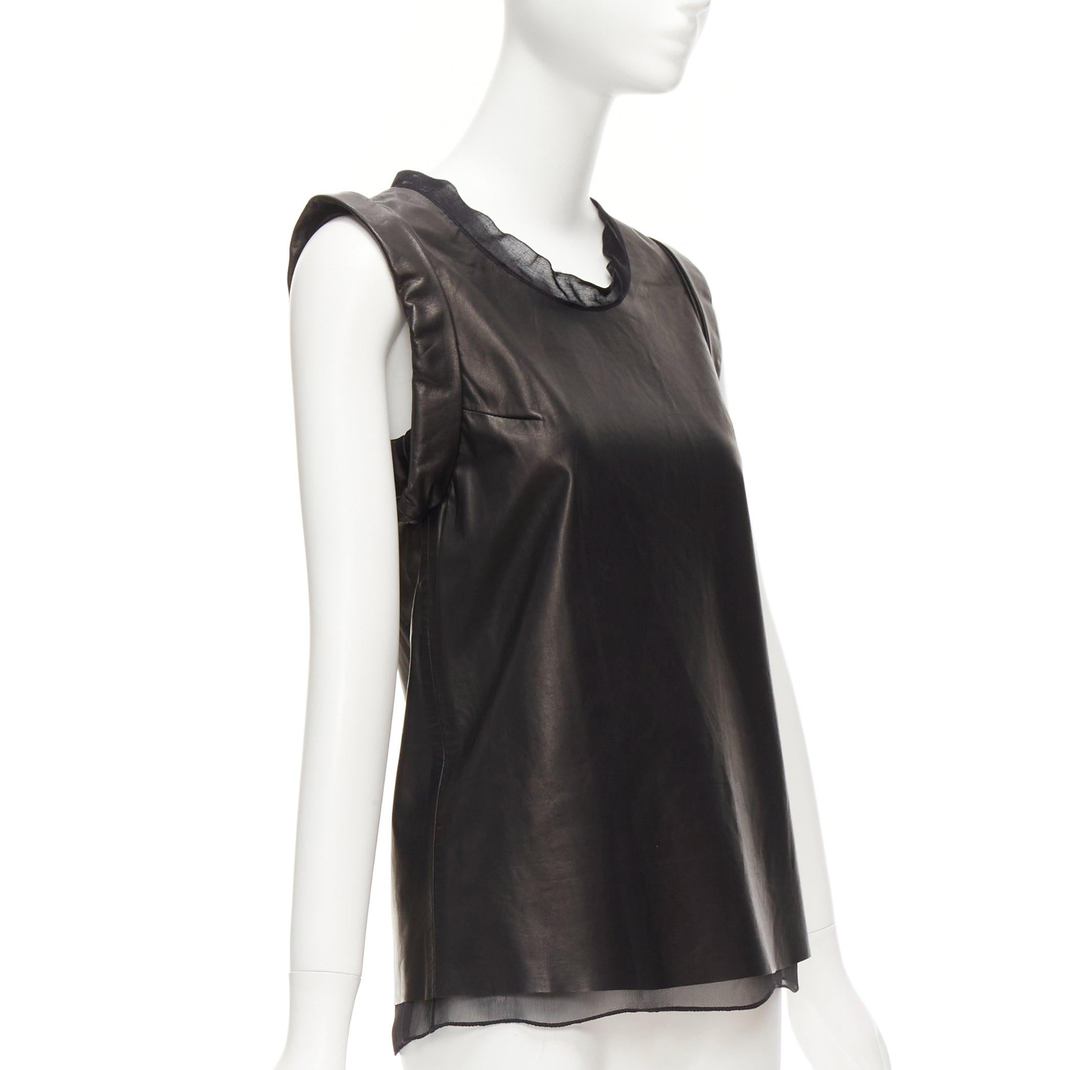 3.1 PHILLIP LIM black leather sheer silk trim folded sleeves tunic top US2 S In Excellent Condition For Sale In Hong Kong, NT