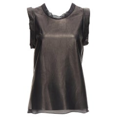 3.1 PHILLIP LIM black leather sheer silk trim folded sleeves tunic top US2 S