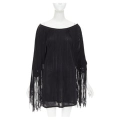 3.1 PHILLIP LIM: miniabito nero in rayon con frange lunghe, scollo a barchetta e sovrapposizione trasparente, taglia M