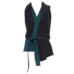 3.1 PHILLIP LIM black silk emerald green obi belt cross open back draped vest S