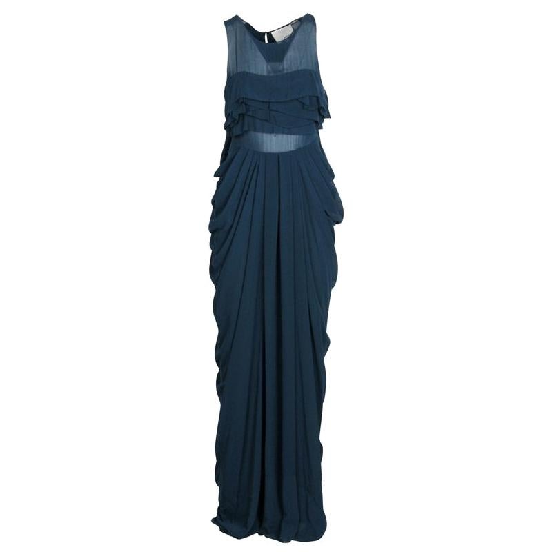 3.1 Phillip Lim Blue Chiffon Draped Cowl Detail Sleeveless Maxi Dress S