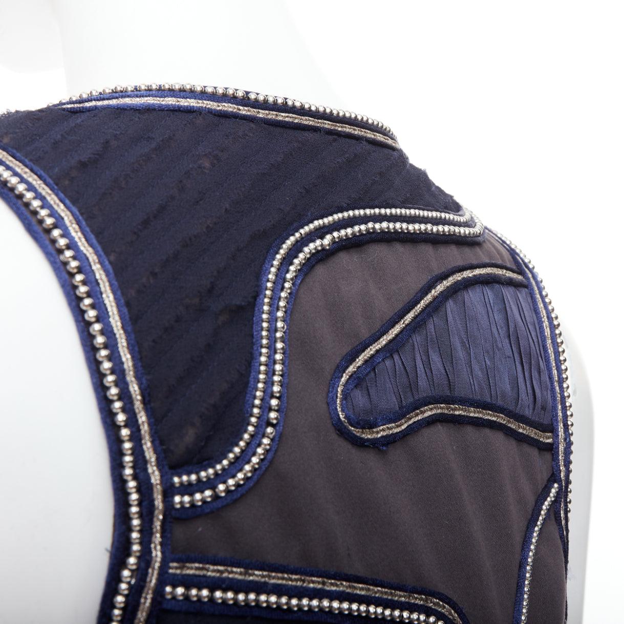 Gray 3.1 PHILLIP LIM blue silver dome studded silk lined patchwork vest US4 S For Sale