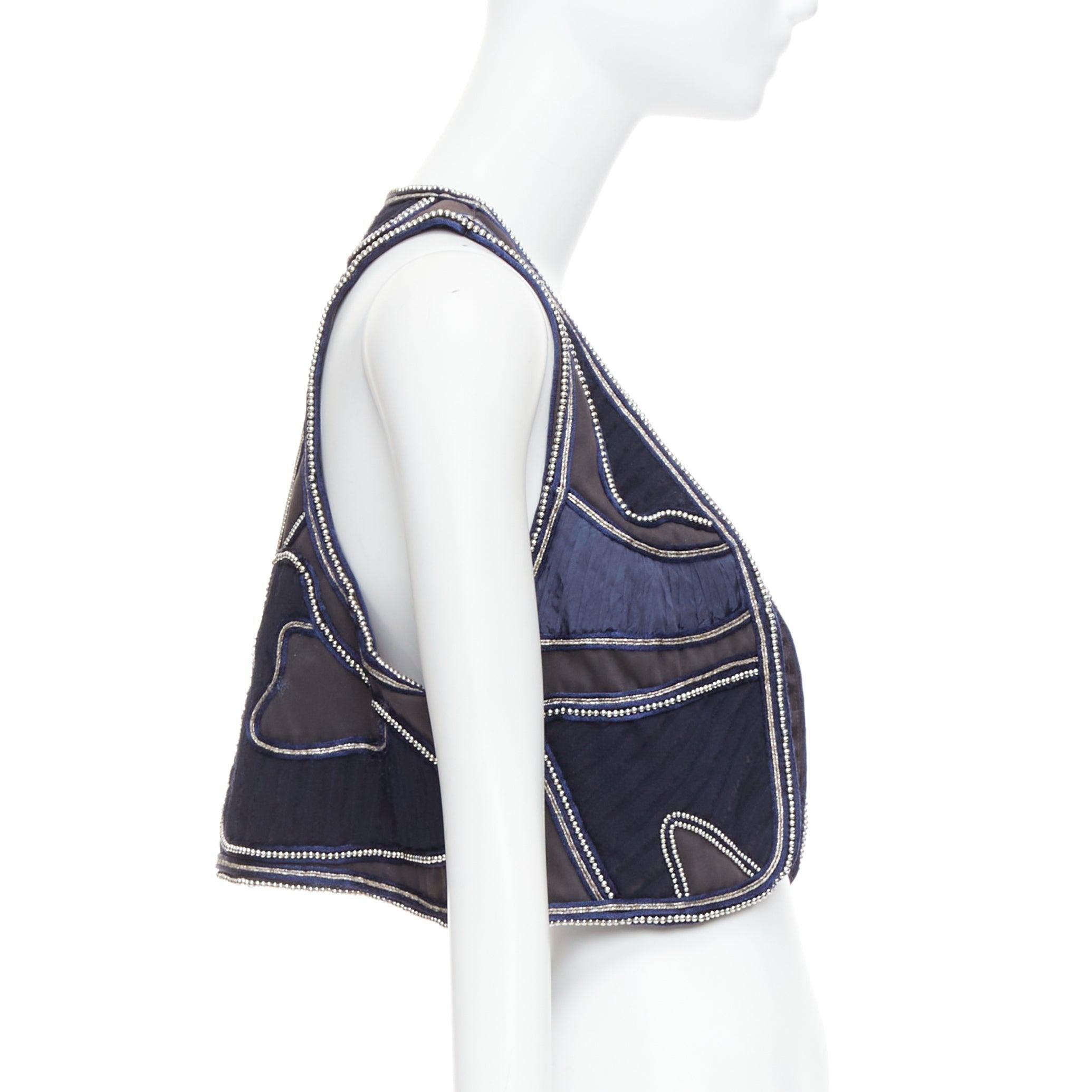 3.1 PHILLIP LIM blue silver dome studded silk lined patchwork vest US4 S In Good Condition For Sale In Hong Kong, NT