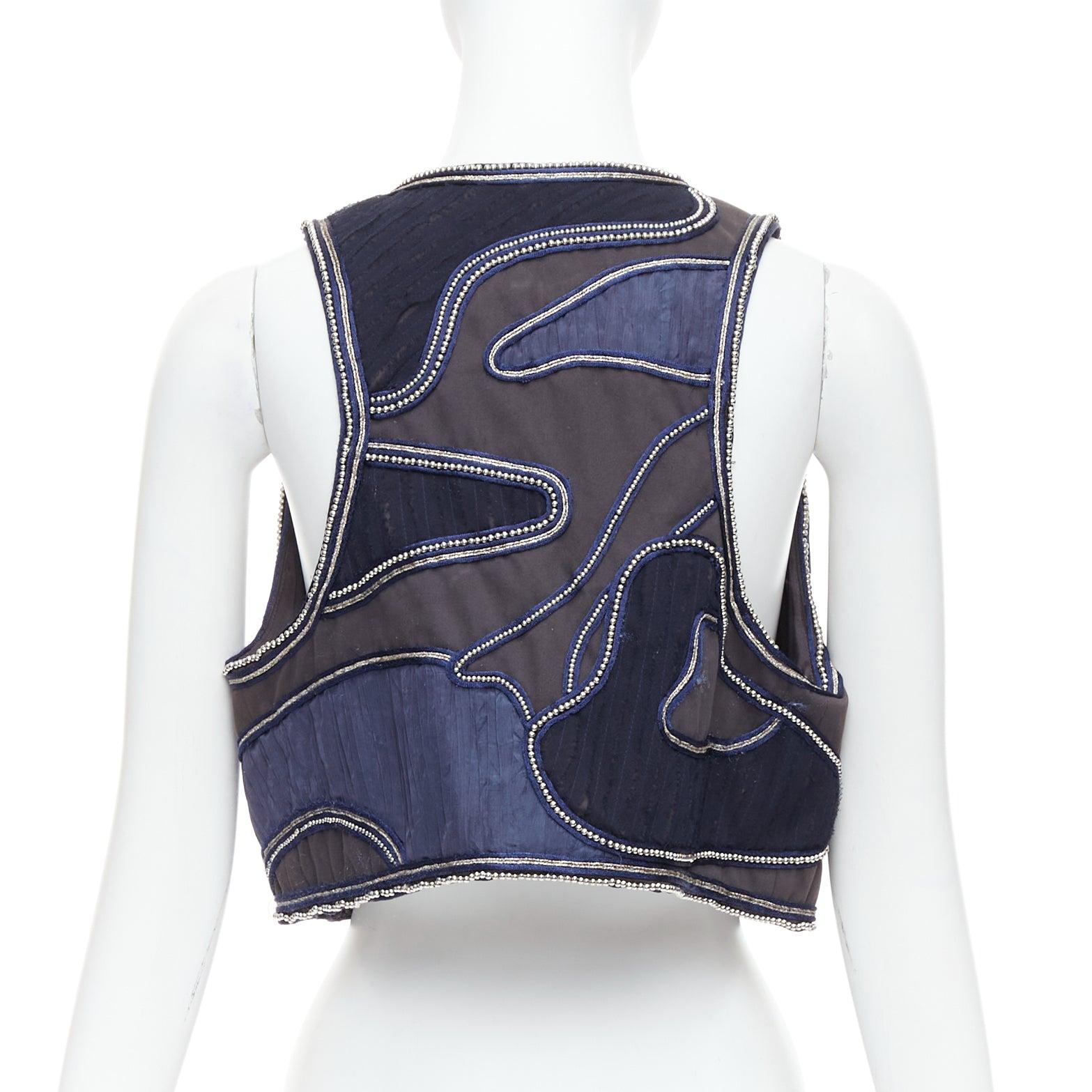 Women's 3.1 PHILLIP LIM blue silver dome studded silk lined patchwork vest US4 S For Sale