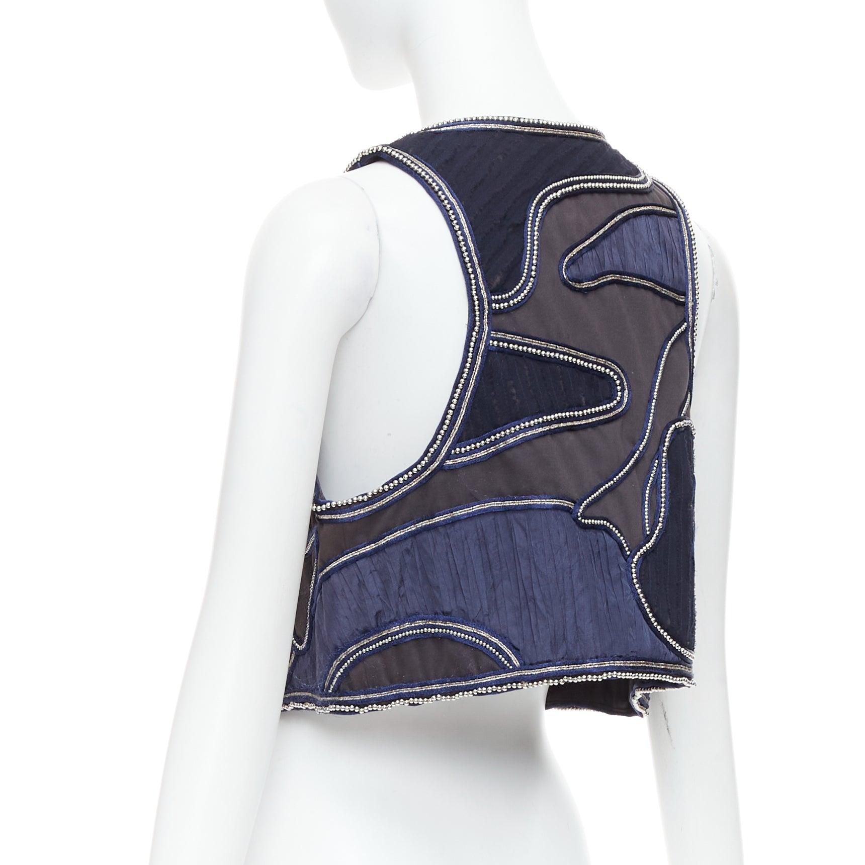 3.1 PHILLIP LIM blue silver dome studded silk lined patchwork vest US4 S For Sale 1