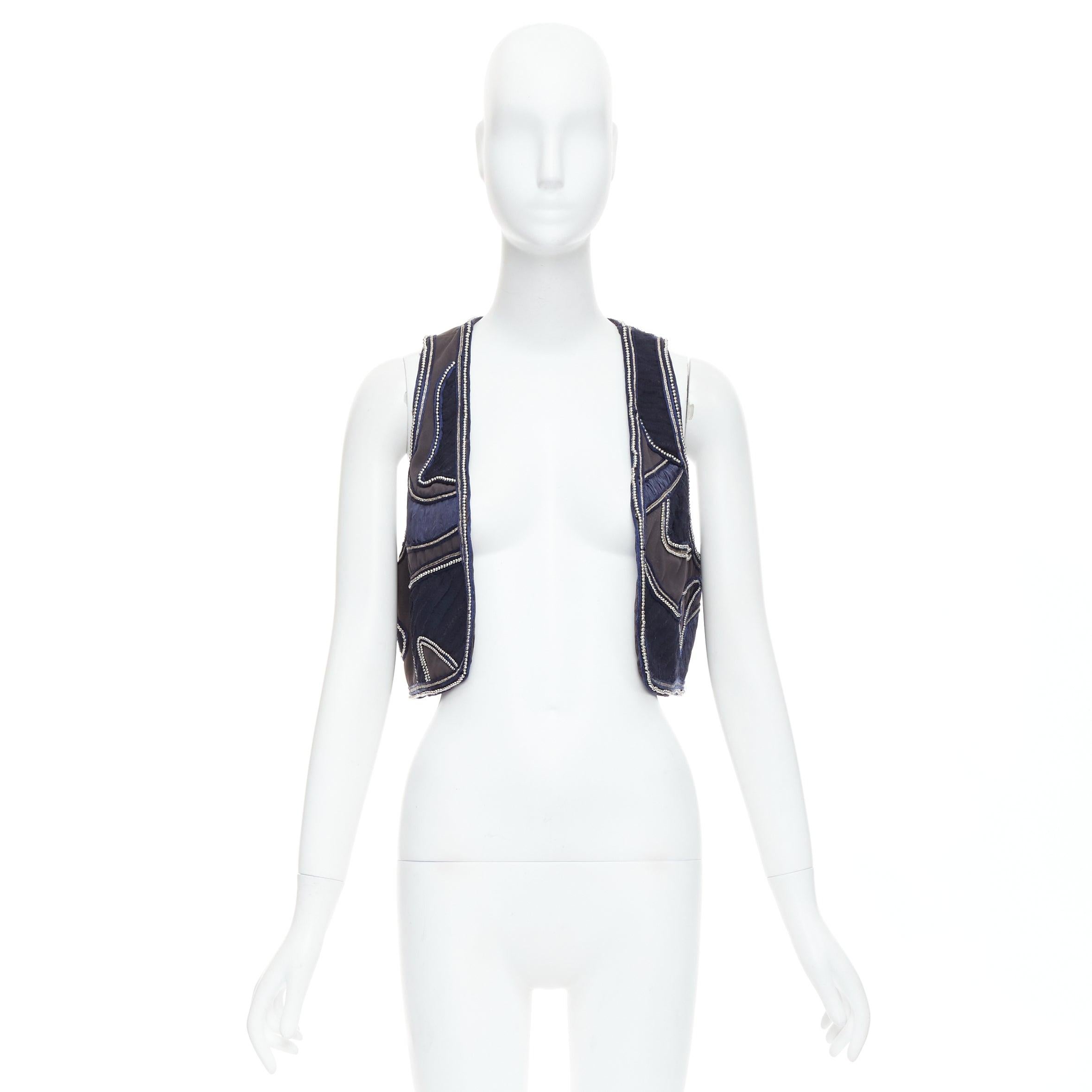 3.1 PHILLIP LIM blue silver dome studded silk lined patchwork vest US4 S For Sale 4