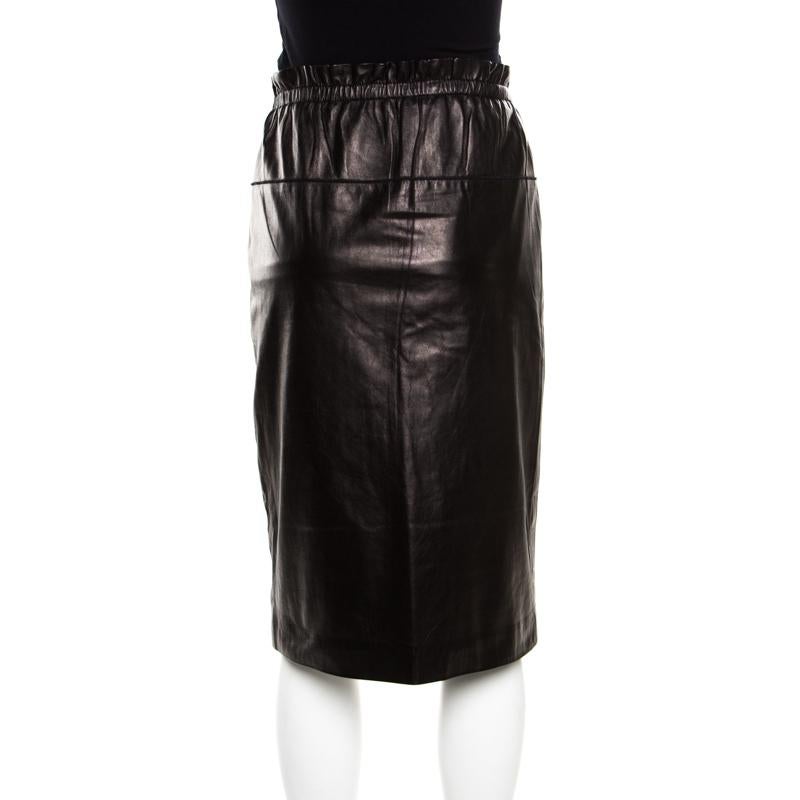 Black 3.1 Phillip Lim Brown Lamb Leather Ruffled Waist Detail Pencil Skirt M