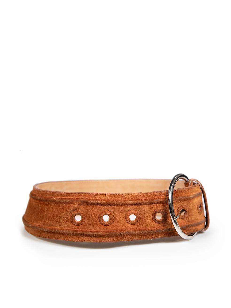 CONDITION is Good. Minor wear to the belt is evident. There is discolouration to the suede on the belt trimming and around the belt holes. The buckle hardware has some light scratches to it. Discolouration and abrasion on the seam coating on this