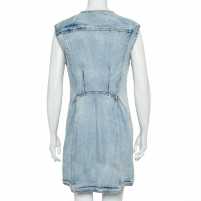 Gray 3.1 Phillip Lim Light Wash Denim Asymmetric Button Front Sleeveless Mini Dress M For Sale