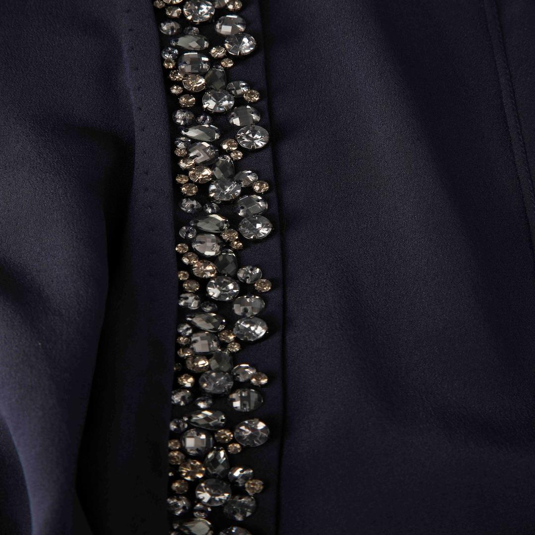 Black 3.1 Phillip Lim Navy Silk Embellished V Neck Top Size S For Sale