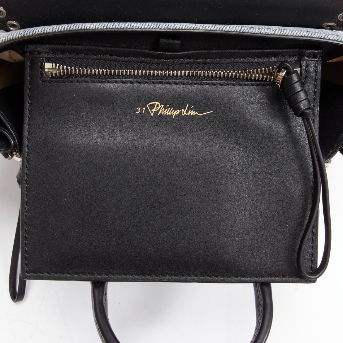 3.1 PHILLIP LIM Bolso bandolera Pashli de cuero negro con pespunte en tejido vaquero azul lavado en venta 5