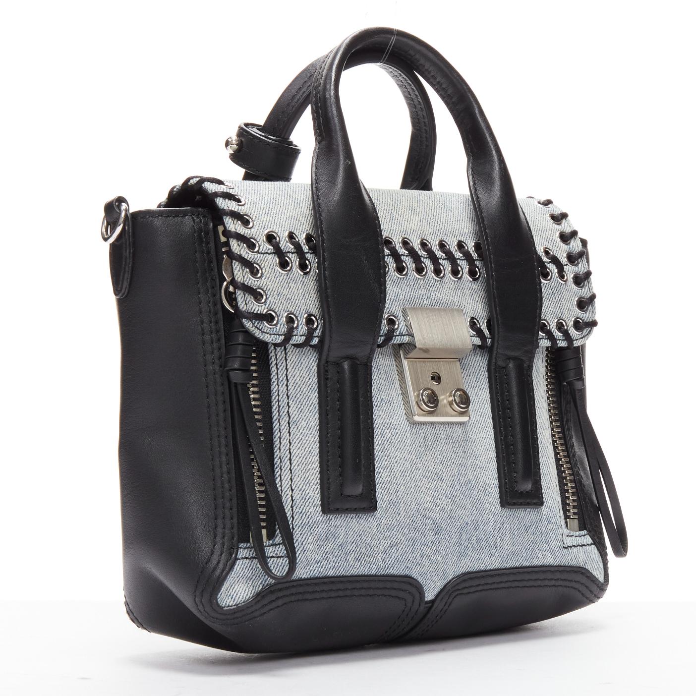 3.1 PHILLIP LIM Bolso bandolera Pashli de cuero negro con pespunte en tejido vaquero azul lavado Negro en venta