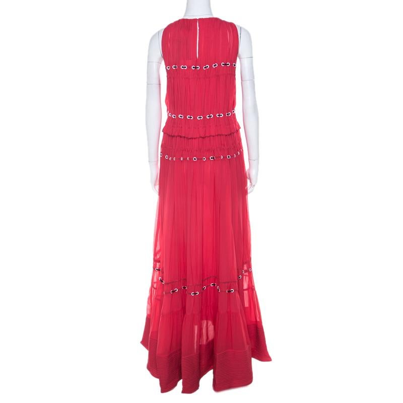 3.1 Phillip Lim Pink Silk Eyelet Embroidered Pintucked Flared Evening Gown S In New Condition In Dubai, Al Qouz 2