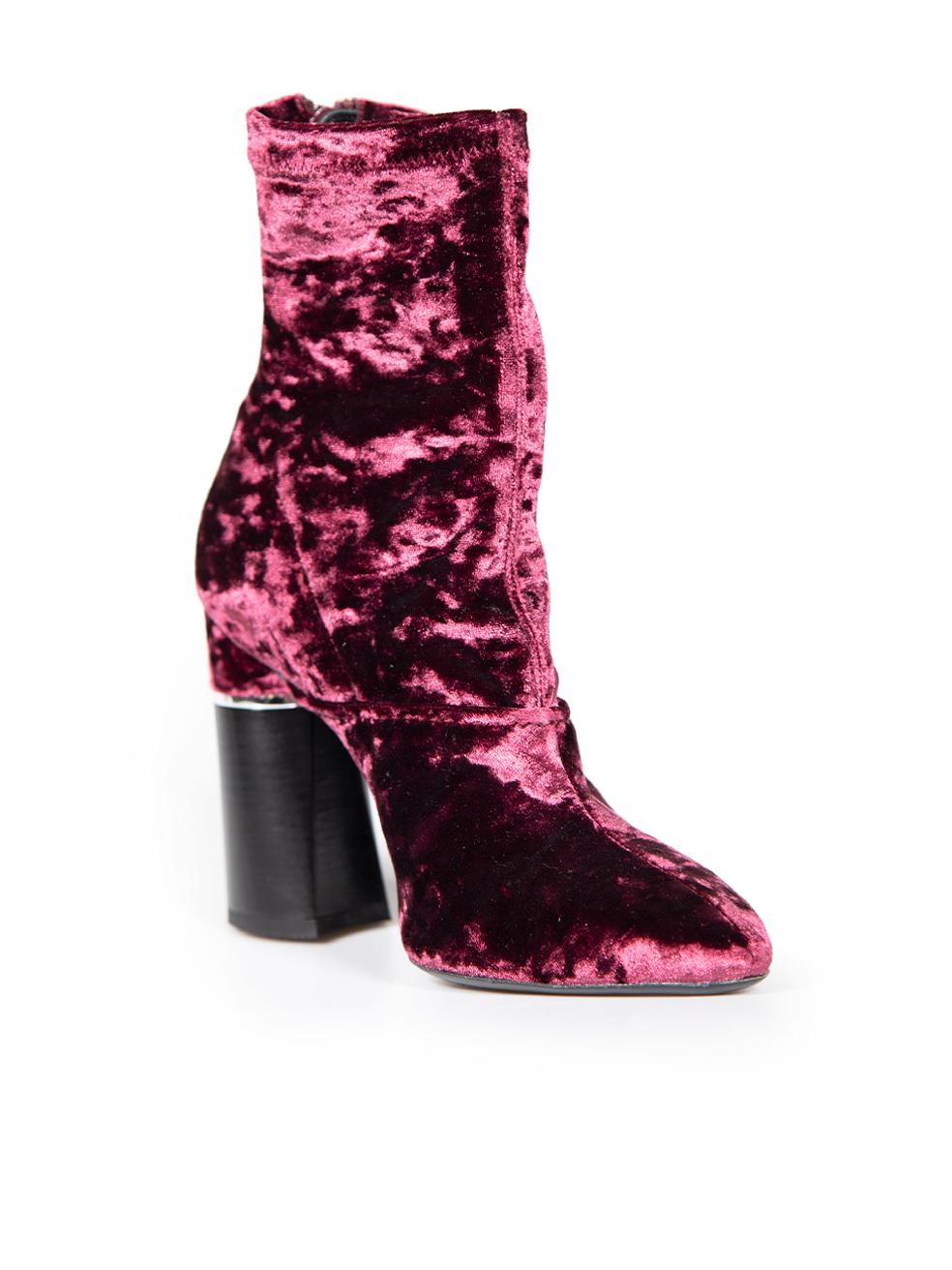 CONDITION is Very good. Minimal wear to boots is evident. Minimal wear to both boot heels with very light scratches on this used 3.1 Phillip Lim designer resale item.
 
 
 
 Details
 
 
 Purple
 
 Crushed velvet
 
 Ankle boots
 
 Point toe
 
 High
