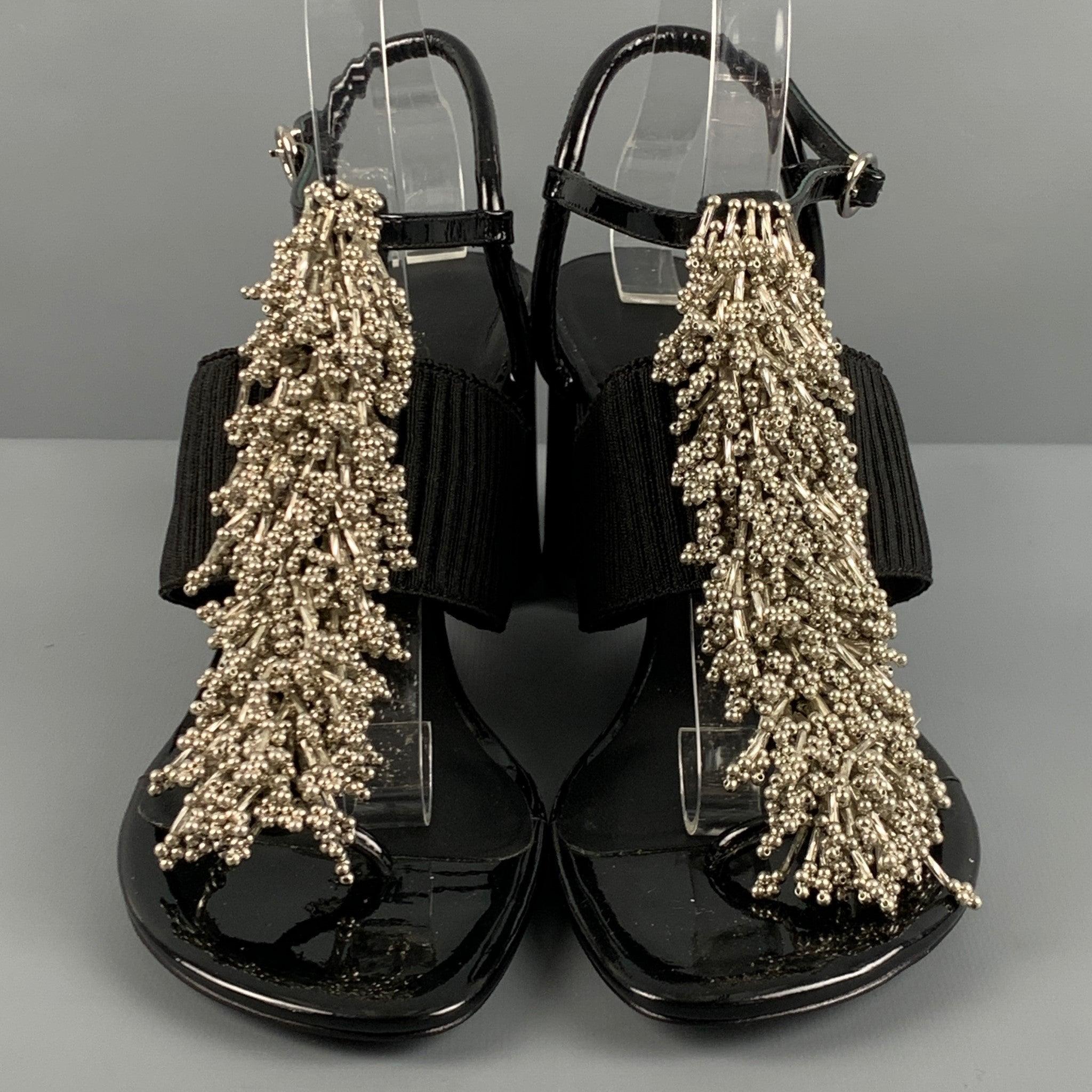 3.1 PHILLIP LIM Size 10 Black Patent Leather Aplique Ankle Strap Sandals For Sale 1