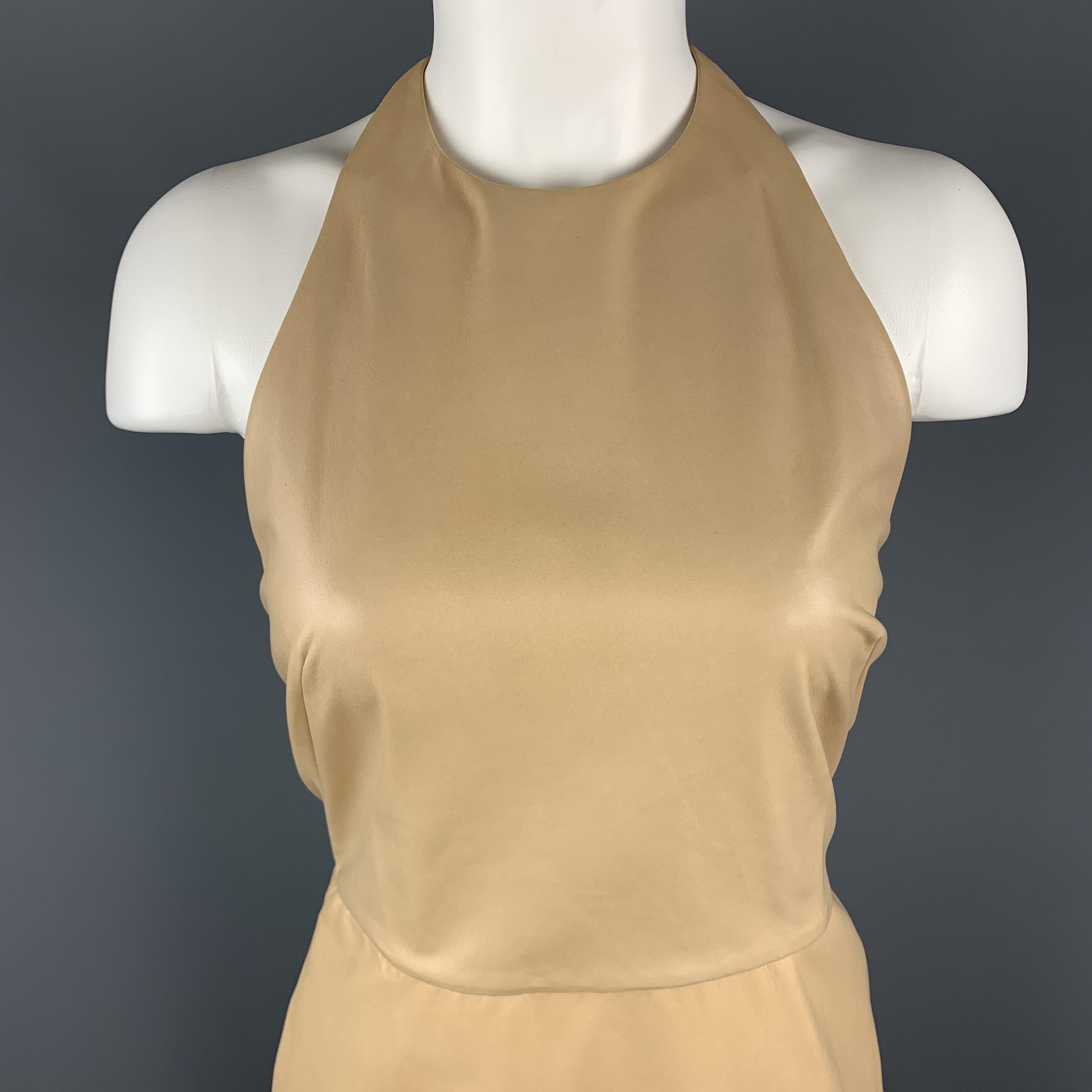 PHILLIP LIM dress comes in beige lamb skin leather with a halter neckline and slit silk chiffon back panel. 

New With Tags. 
Marked:  4

Measurements:

Shoulder: 7.5 in.
Bust: 32 in.
Waist: 28 in.
Hip: 39 in.
Length: 34 in.