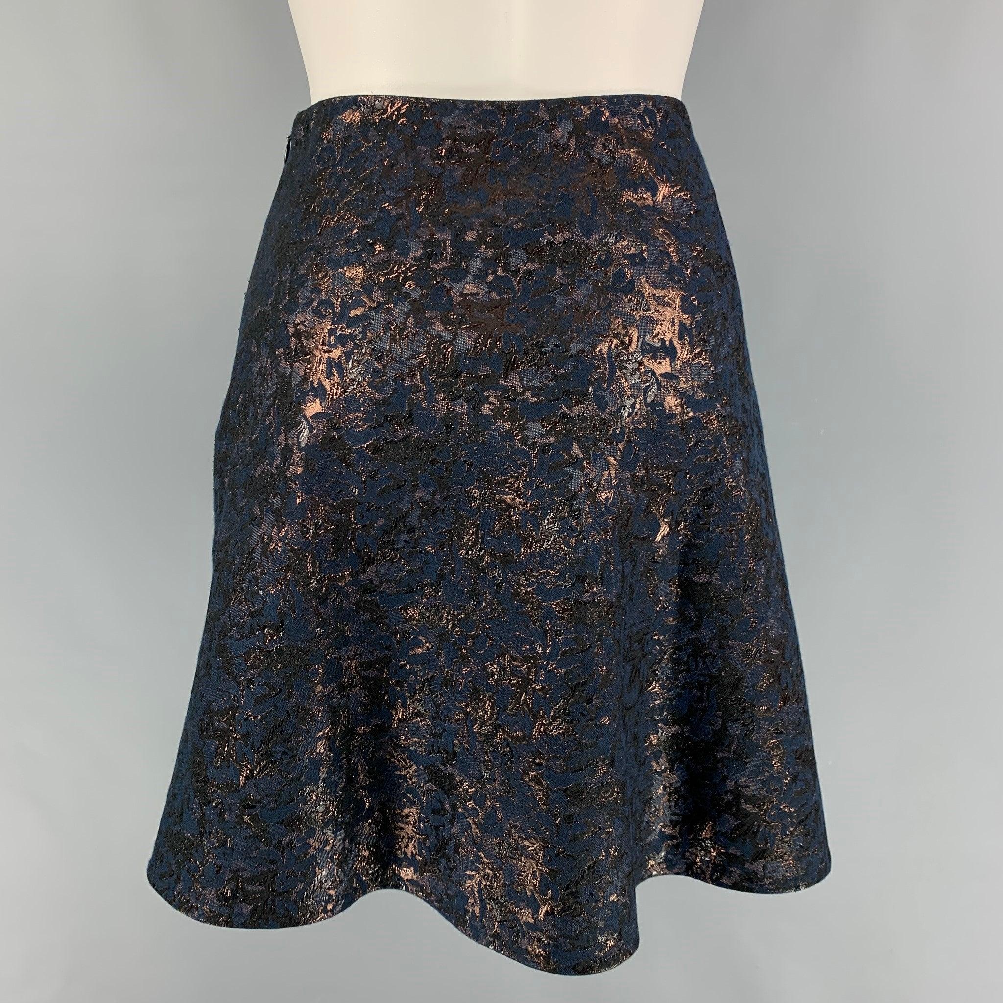 Black 3.1 PHILLIP LIM Size 4 Navy Copper Jacquard Floral Skater Above Knee Skirt For Sale