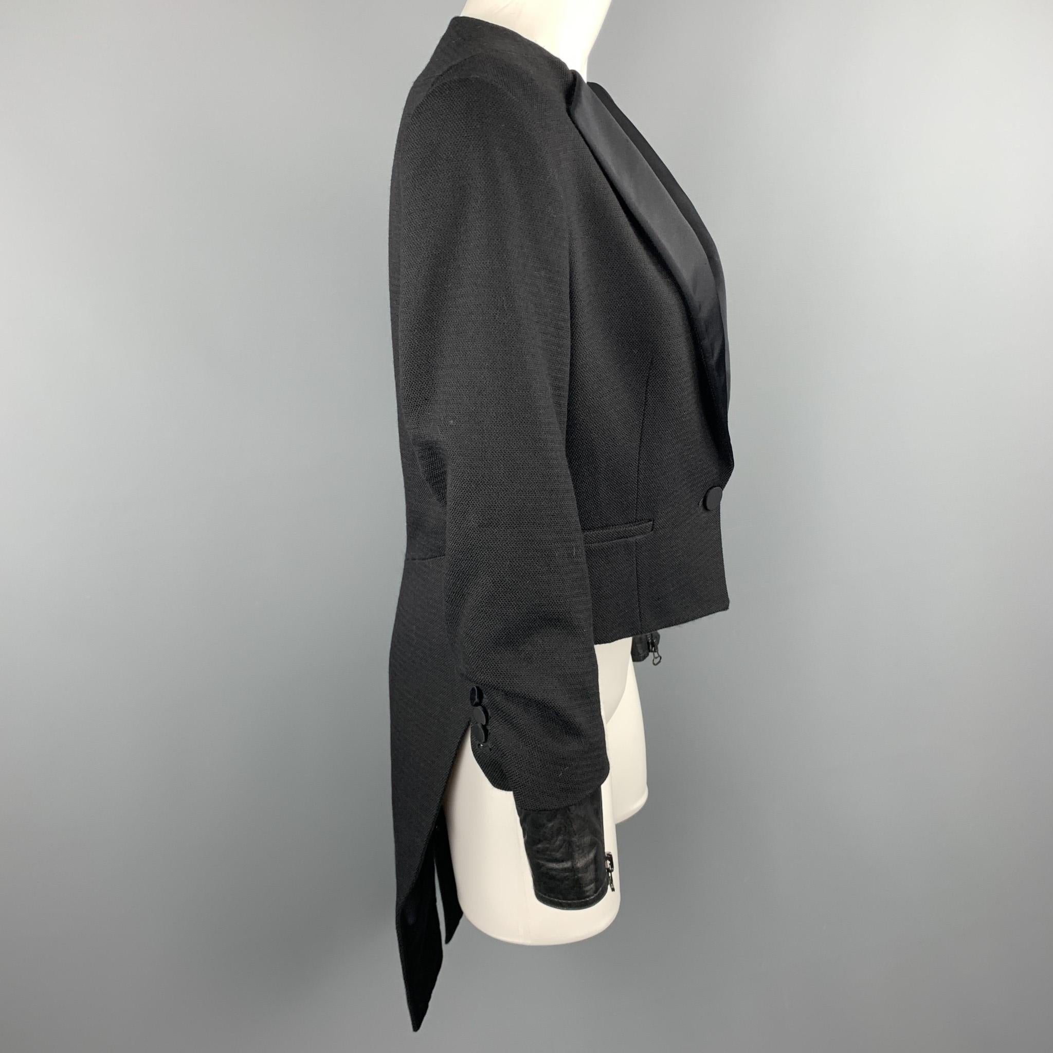 3.1 PHILLIP LIM Size 6 Black Woven Tuxedo Lapel Leather Cuff Tails Jacket In Excellent Condition In San Francisco, CA