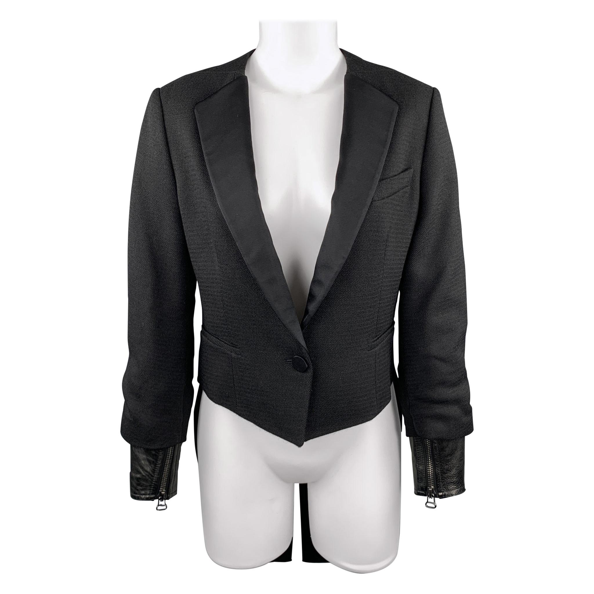 3.1 PHILLIP LIM Size 6 Black Woven Tuxedo Lapel Leather Cuff Tails Jacket