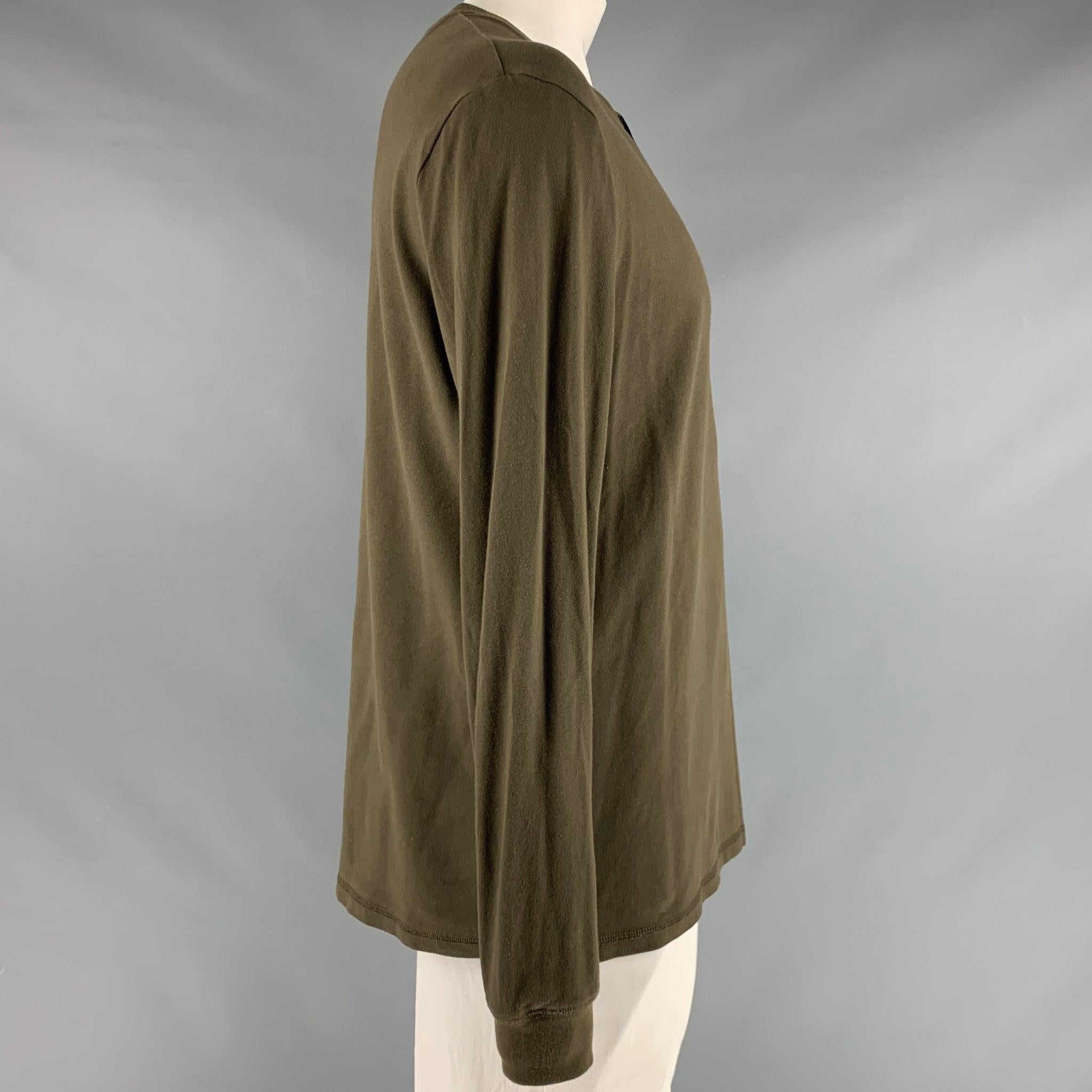 3.1 PHILLIP LIM x TARGET 20th Anniversary Collection pullover in a brown cotton blend featuring grey contrast placket with three button closure.Good Pre-Owned Condition. Moderate signs of wear, as is. 

Marked:   L 

Measurements: 
 
Shoulder: 20